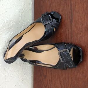 Cole Haan Black Leather Peep Toe Buckle Slingback Low Heels Size 7